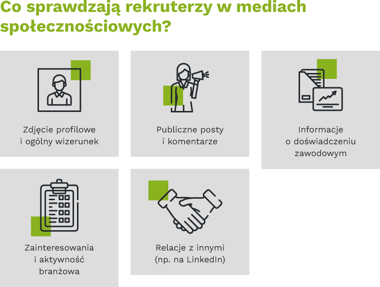 Co sprawdzają rekruterzy w mediach społecznościowych?
👤 Zdjęcie profilowe i ogólny wizerunek
📣 Publiczne posty i komentarze
💼 Informacje o doświadczeniu zawodowym
📚 Zainteresowania i aktywność branżowa
🤝 Relacje z innymi (np. na LinkedIn)
