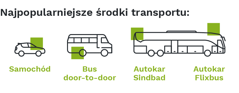 najpopularniejsze środki transportu: bus door to door, samochód, autokar sindbad, autokar flixbus