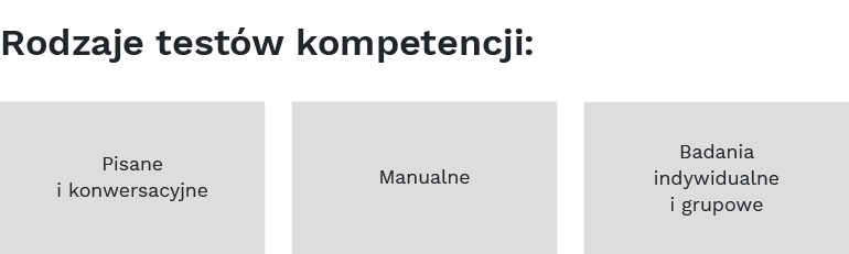 Rodzaje testów kompetencji:
- pisane i konwersacyjne
- manualne
- badania indywidualne i grupowe