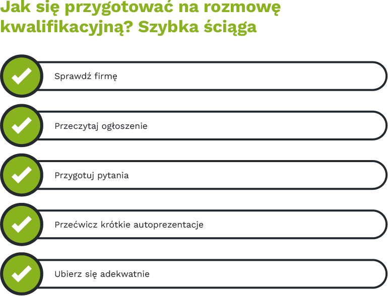 Jak się przygotować na rozmowę kwalifikacyjną? Szybka ściąga Sprawdź firmę Przeczytaj ogłoszenie Przygotuj pytania Przećwicz krótkie autoprezentacje Ubierz się adekwatnie