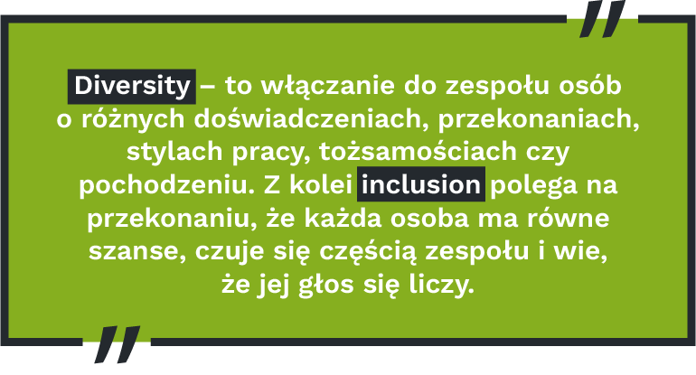 Diversity – to włączanie do zespołu osób o różnych doświadczeniach, przekonaniach, stylach pracy, tożsamościach czy pochodzeniu. Z kolei inclusion polega na przekonaniu, że każda osoba ma równe szanse, czuje się częścią zespołu i wie, że jej głos się liczy.