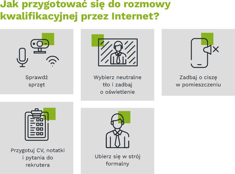 Jak przygotować się do rozmowy kwalifikacyjnej przez Internet?
•	sprawdź sprzęt
•	wybierz neutralne tło i zadbaj o oświetlenie
•	zadbaj o ciszę w pomieszczeniu
•	przygotuj CV, notatki i pytania do rekrutera
•	ubierz się w strój formalny
