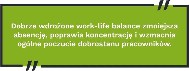 Dobrze wdrożone work-life balance zmniejsza absencję, poprawia koncentrację i wzmacnia ogólne poczucie dobrostanu pracowników.