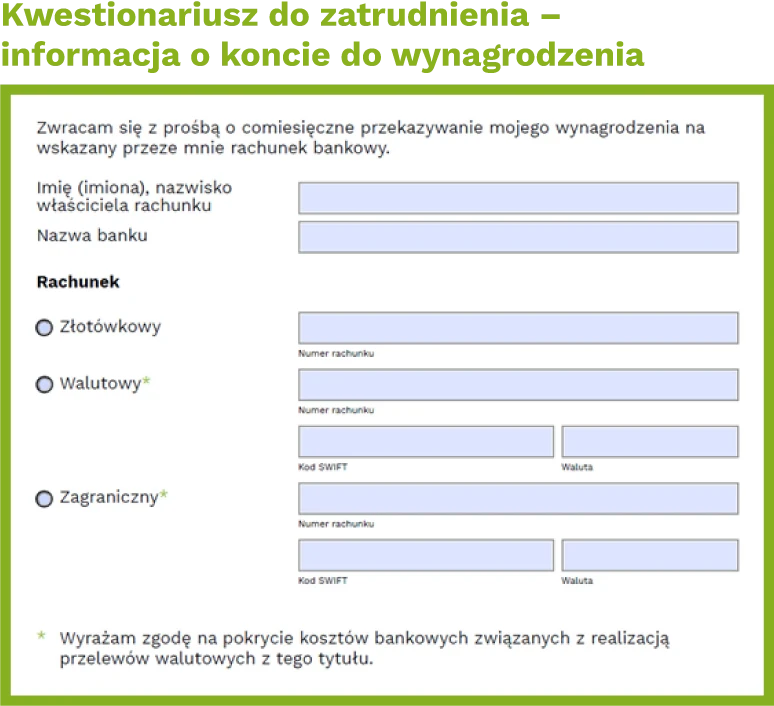Kwestionariusz do zatrudnienia – informacja o koncie do wynagrodzenia