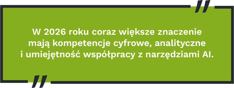 W 2026 roku coraz większe znaczenie mają kompetencje cyfrowe, analityczne i umiejętność współpracy z narzędziami AI.