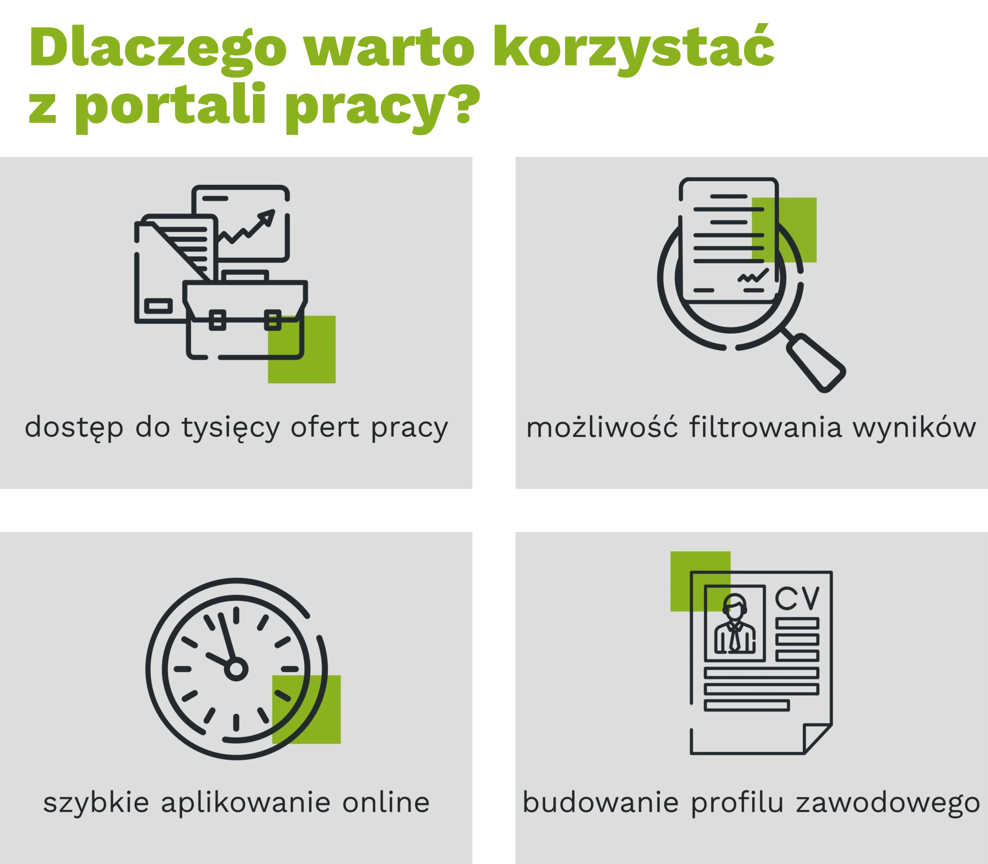 Dlaczego warto korzystać z&nbsp;portali pracy? dostęp do&nbsp;tysięcy ofert pracy, możliwość filtrowania wyników, szybkie aplikowanie online, budowanie profilu zawodowego.
