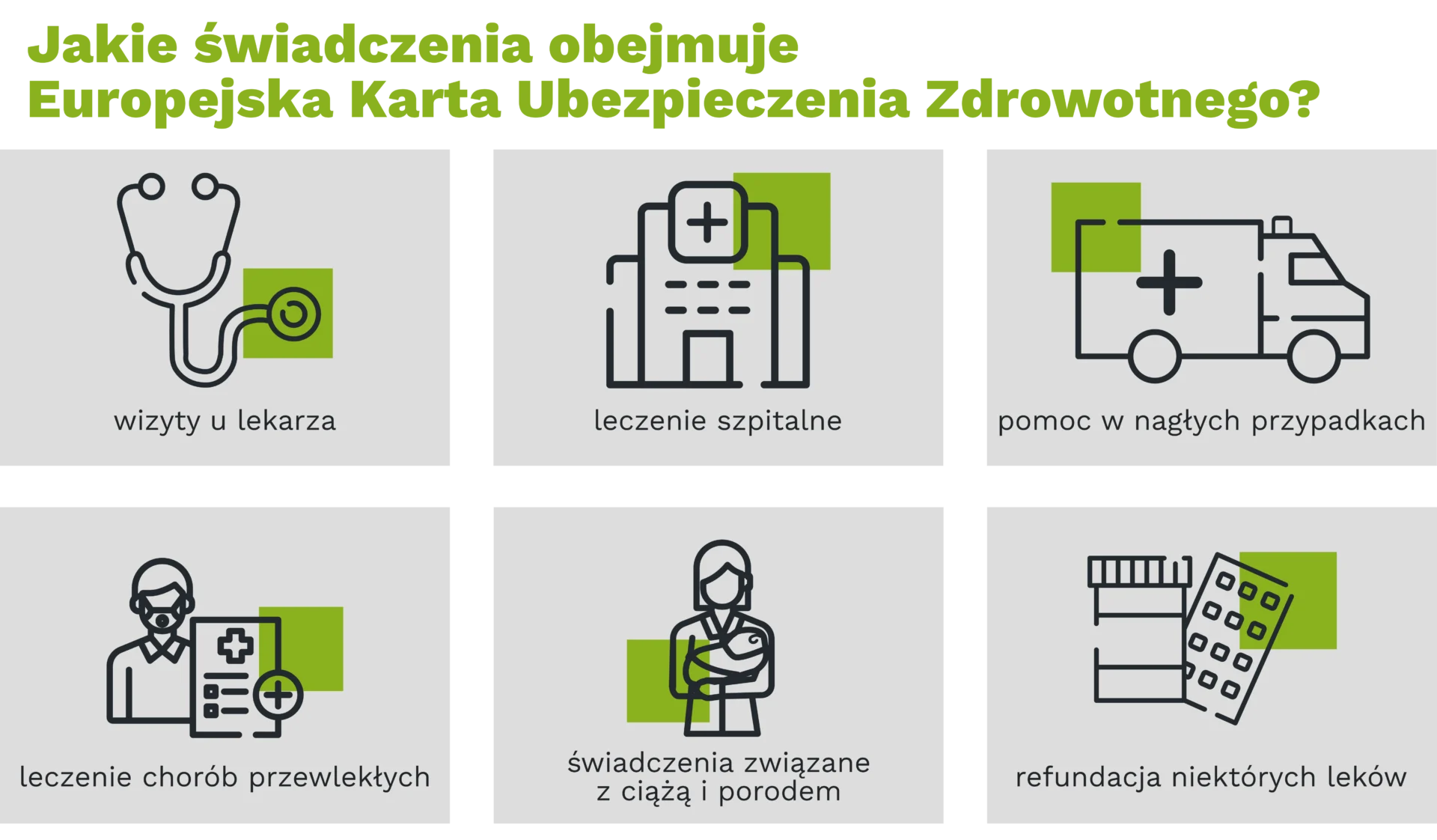 Jakie świadczenia obejmuje Europejska Karta Ubezpieczenia Zdrowotnego? wizyty u lekarza leczenie szpitalne pomoc w nagłych przypadkach leczenie chorób przewlekłych świadczenia związane z ciążą i porodem refundacja niektórych leków