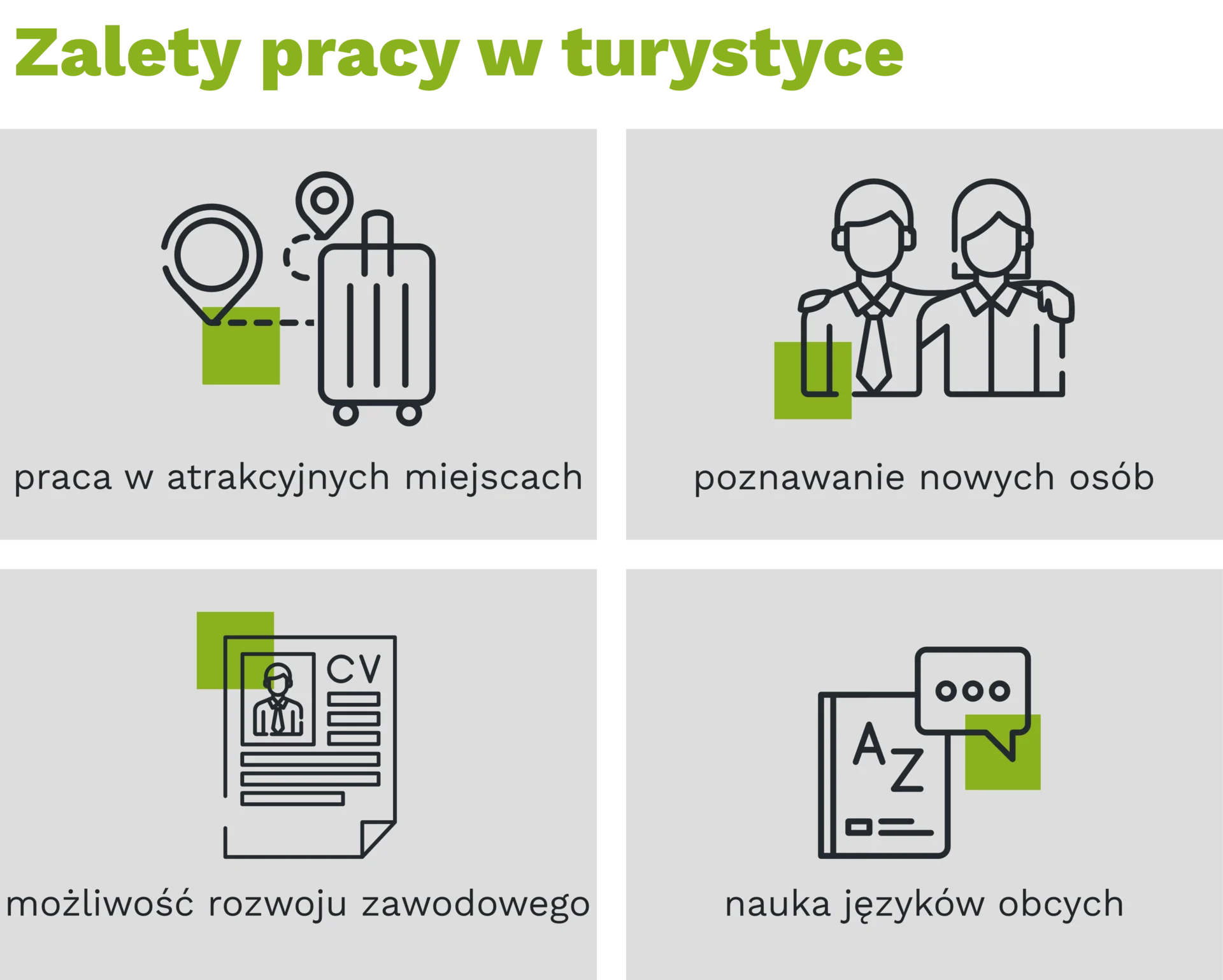Zalety pracy w&nbsp;turystyce praca w atrakcyjnych miejscach poznawanie nowych osób możliwość rozwoju zawodowego nauka języków obcych
