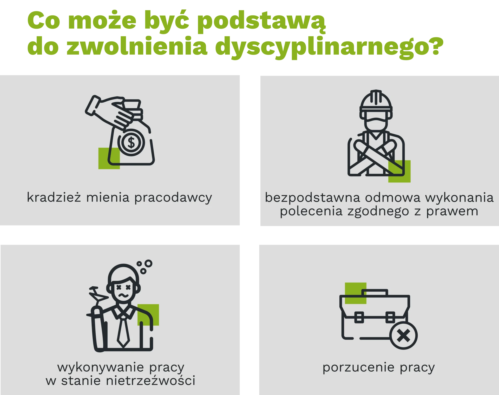 Co może być podstawą do zwolnienia dyscyplinarnego? kradzież mienia pracodawcy bezpodstawna odmowa wykonania polecenia zgodnego z prawem wykonywanie pracy w stanie nietrzeźwości porzucenie pracy